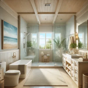 DALL·E 2025 11 14 15.08.52 Create a high‑detail image depicting a modern bathroom remodeling project in Long Beach. Show a bright coastal inspired design with clean lines ligh
