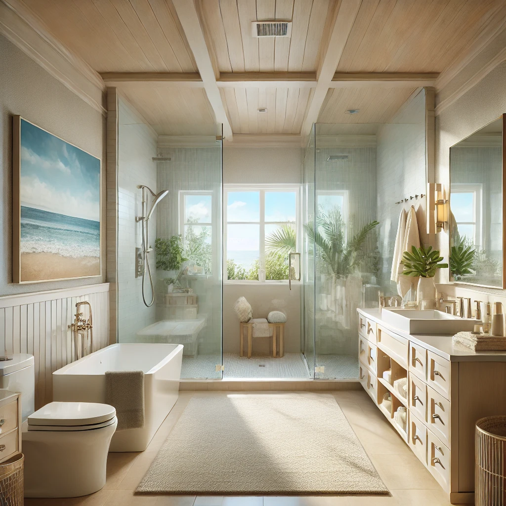 DALL·E 2025 11 14 15.08.52 Create a high‑detail image depicting a modern bathroom remodeling project in Long Beach. Show a bright coastal inspired design with clean lines ligh